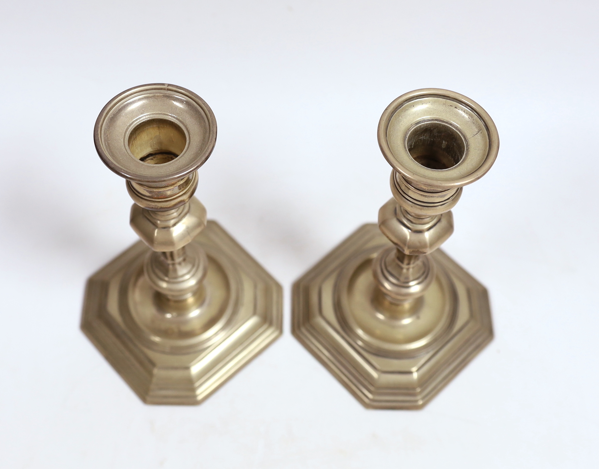 A pair of Edwardian 18th century design candlesticks, by Thomas Bradbury & Sons Ltd, London, 1907, height 17.6cm, weighted.